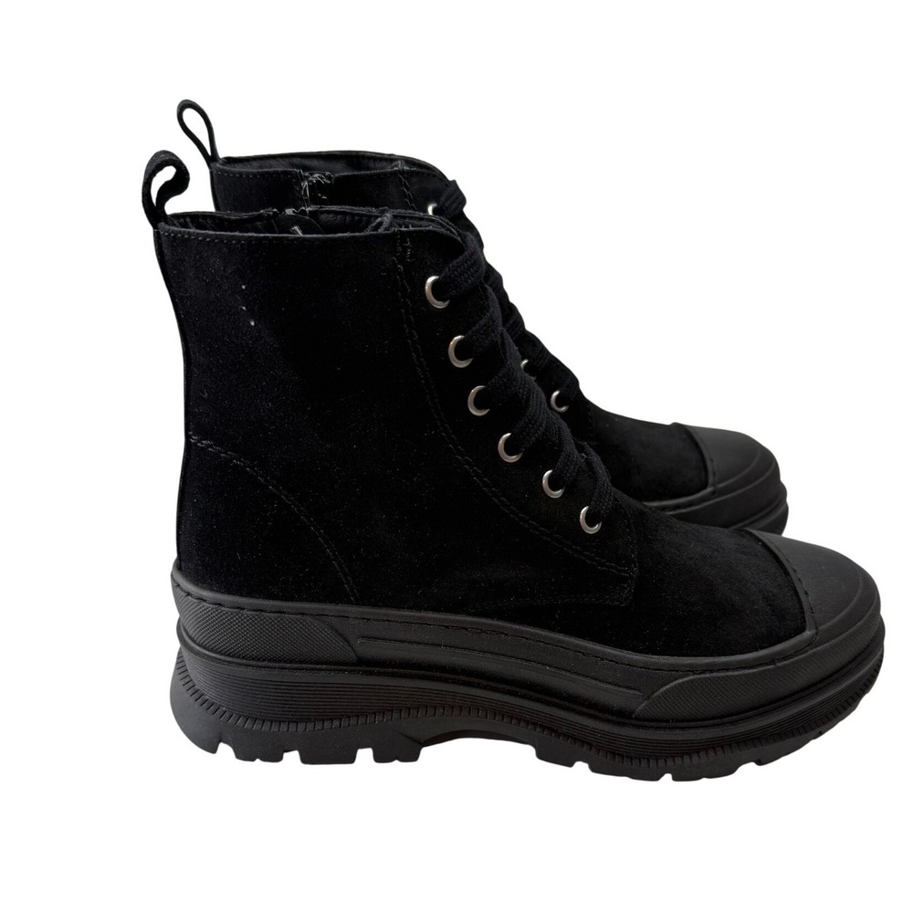 Hee Brand Black Suede Combat Boots Side Zip Lug Sole Made in Spain EU 38 US 7